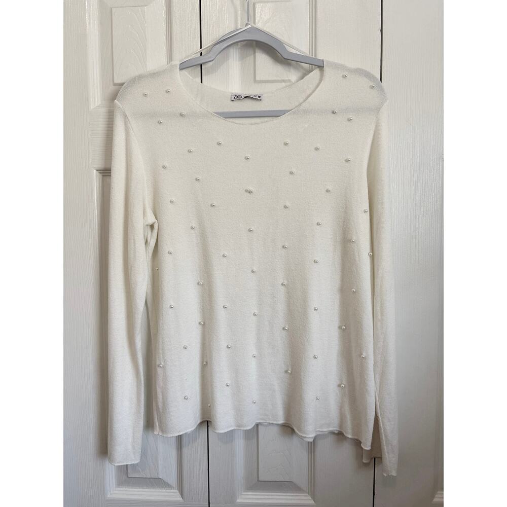 Zara Ivory Cream Pearl Embellished Fine Knit Sweater Size XL